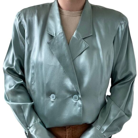 Vintage 80s Womens Blue Double Breasted 100% Silk Preppy Sexy Blouse Sz L - Picture 4 of 13